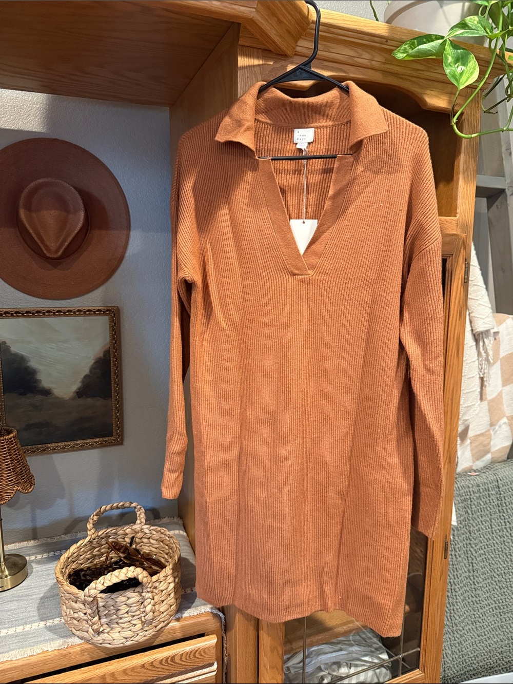 a new day Ribbed Collared Sweater Dress in Rust